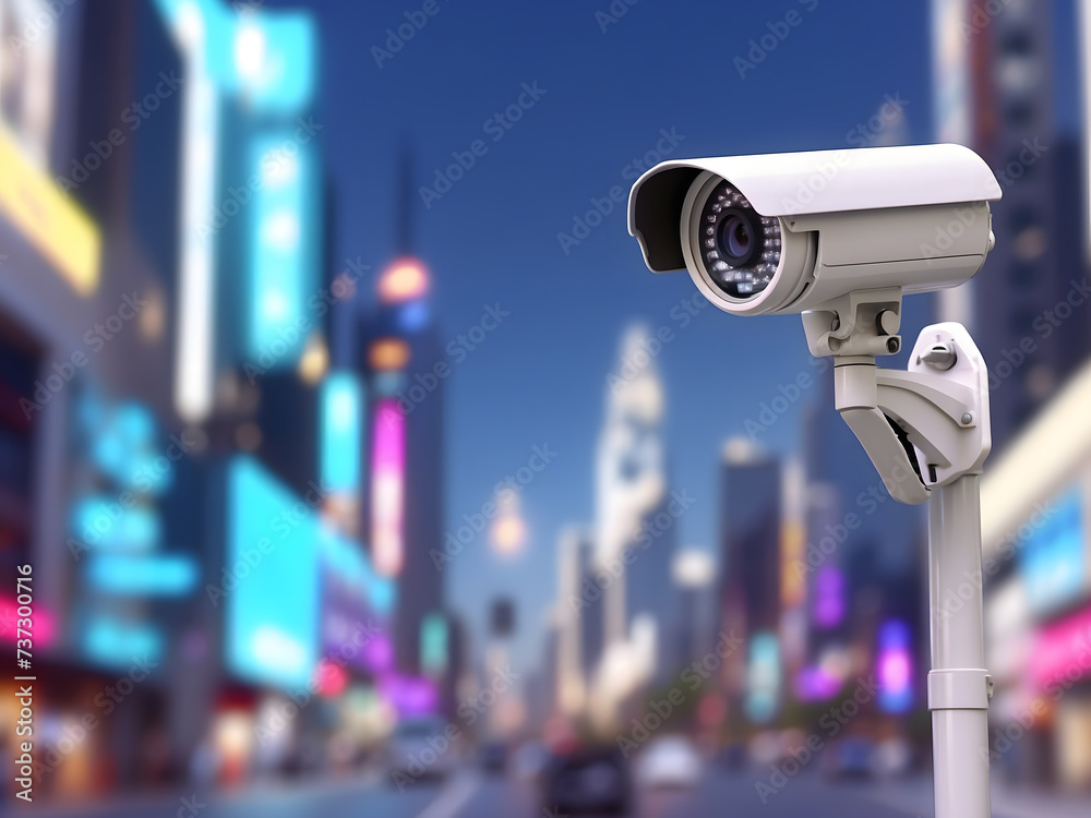 City street security camera surveillance system for motion and face identity identification or recognition sensor, live monitoring, and futuristic recording video concept as large banner copy space.