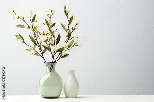 Home interior with decor elements. Yellow flowers in a vase on a light background,copy space,ai generated