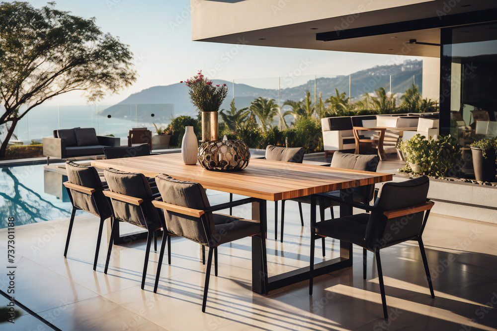 The terrace of a modern house and hotel. Luxury outdoor dining table with chairs,ai generated