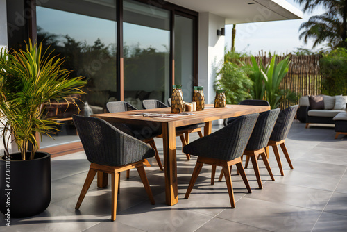 Backyard on modern minimalist villa. Dining table and chairs on outdoor patio in private mansion,ai generated