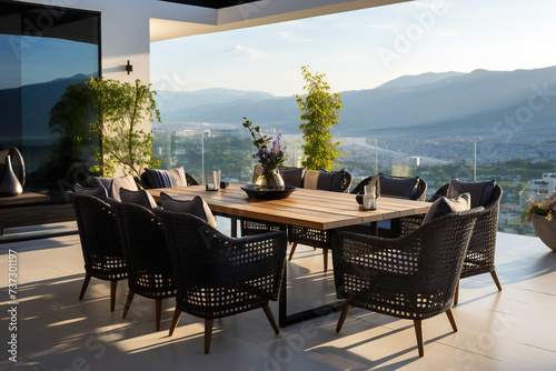 The terrace of a modern house and hotel. Luxury outdoor dining table with chairs ai generated