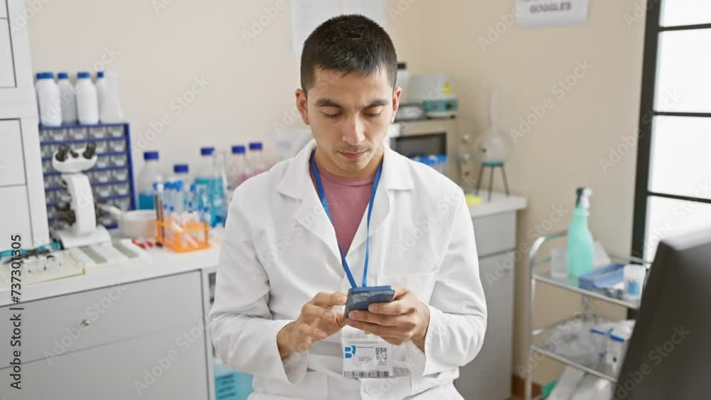 Confident young hispanic man, a scientist in lab uniform, showing a serious no-go hand gesture, holding smartphone, symbolising strong defense at laboratory.