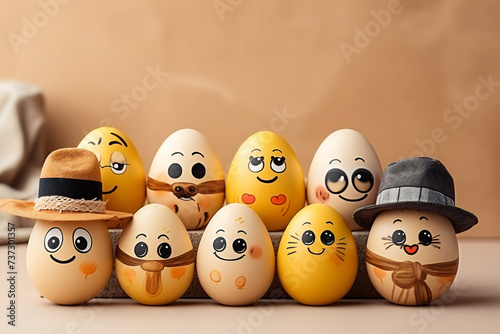 Funny characters with easter eggs with hats and painted faces on a beige background,ai generated