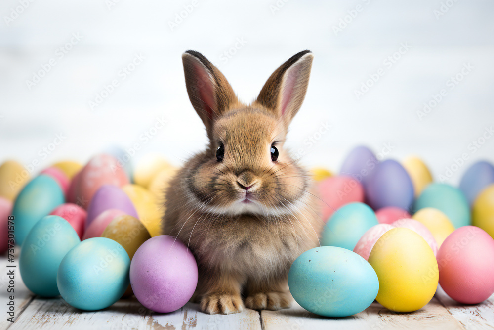 Cute brown bunny with colorful Easter eggs on white background with copy space.ai generated Cute brown bunny with colorful Easter eggs on white background with copy space.ai generated
