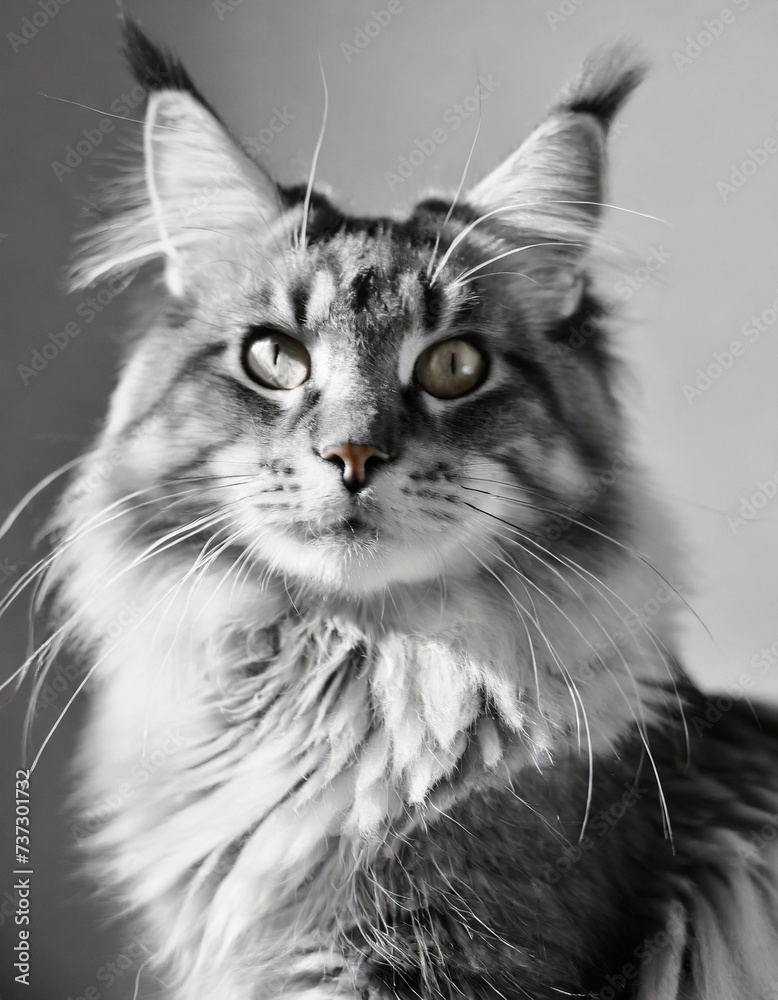 Portrait of a healthy cat in black and white, pets portrait, adorable furry friends in studio, domestic cat, feline, mainecoon, long hair cat Portrait of a healthy cat in black and white, pets portrait, adorable furry friends in studio, domestic cat, feline, mainecoon, long hair cat