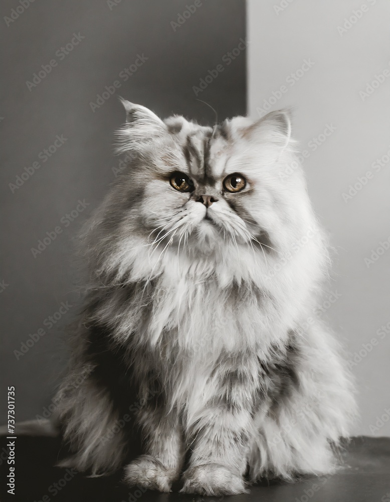 Portrait  of a healthy cat in black and white, pets portrait, adorable furry friends in studio, domestic cat, feline, persian cat, long hair cat