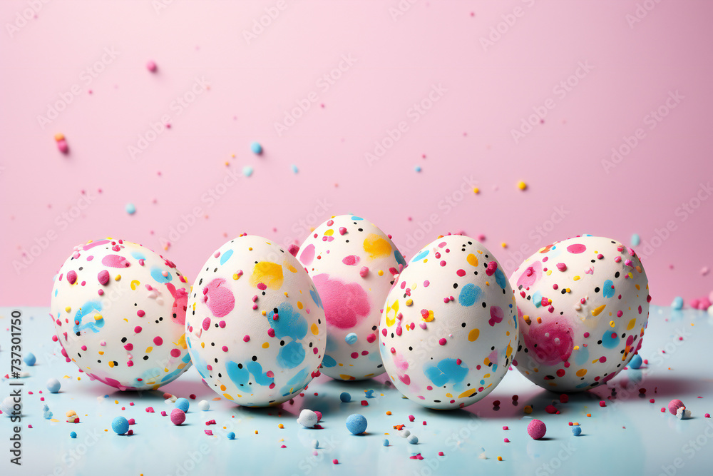 Colorful easter eggs with paint splatter on pink background,ai generated Colorful easter eggs with paint splatter on pink background,ai generated