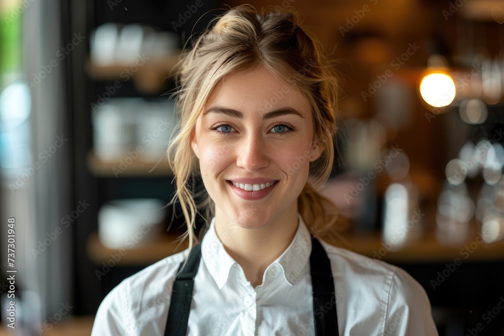 A young woman waiter is standing with a bright cheerful smile radiating warmth and hospitality A young woman waiter is standing with a bright cheerful smile radiating warmth and hospitality