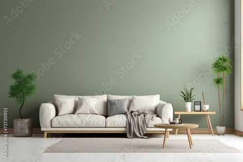 Beige sofa and empty green wall background,modern living room,ai generated photo