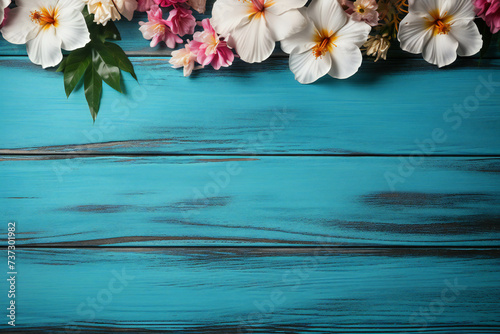 frangipani flowers on blue wooden backgroundcopy space,ai generated photo