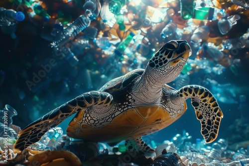 Sea turtle at the bottom of the sea full of plastic bottles and human waste. Polluted oceans and endangered animals.