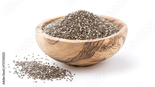 A wooden bowl full of nutritious chia seeds isolated on a white background, perfect for health-conscious consumers. 