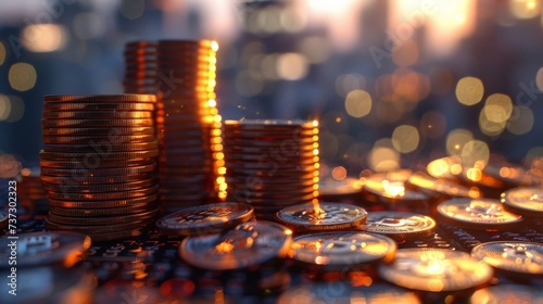 Stack and group of coins with a city in the background. Finance, stock market and economy.