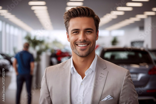 Portrait of happy salesman working in auto showroom, manager, agent at workplace in car dealership, car selling business.
