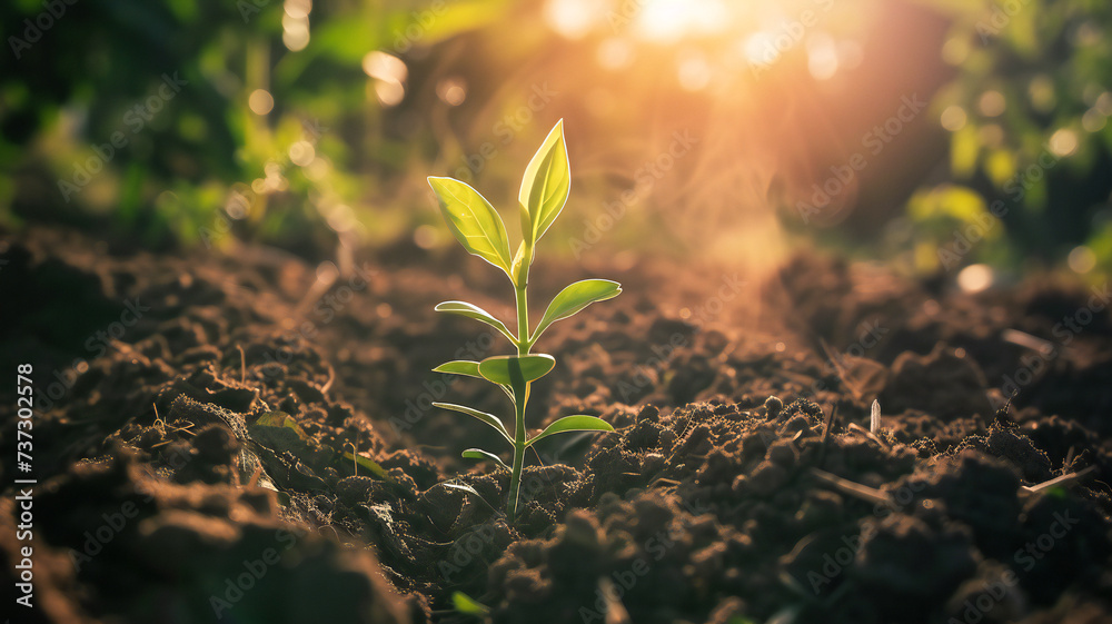 A young seedling thriving in nutrient-rich soil with rays of sunshine A young seedling thriving in nutrient-rich soil with rays of sunshine