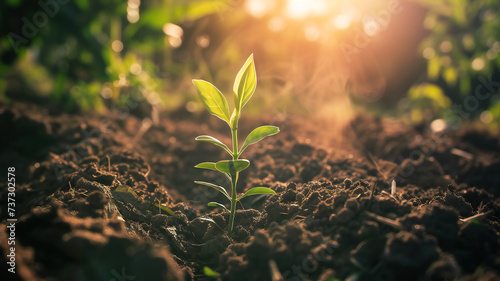 A young seedling thriving in nutrient-rich soil with rays of sunshine