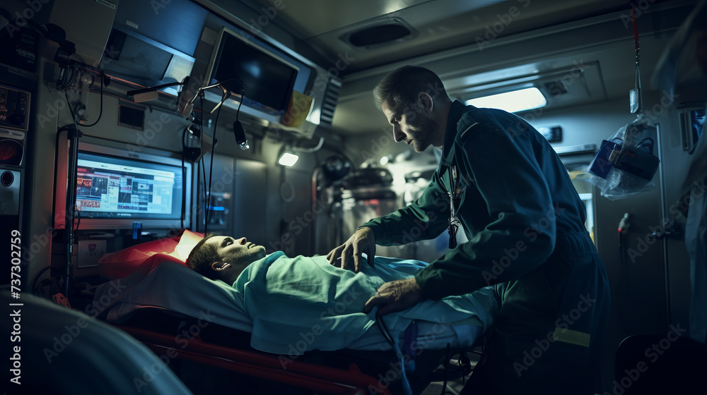Paramedics at work in a modern ambulance provide first aid to an injured patient. - obrazy, fototapety, plakaty 