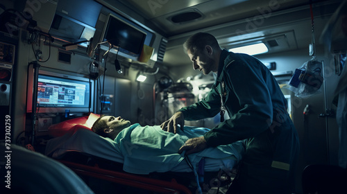 Paramedics at work in a modern ambulance provide first aid to an injured patient.