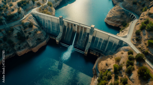 Hydroelectric dam on the river, water discharge from the reservoir. Generative AI photo