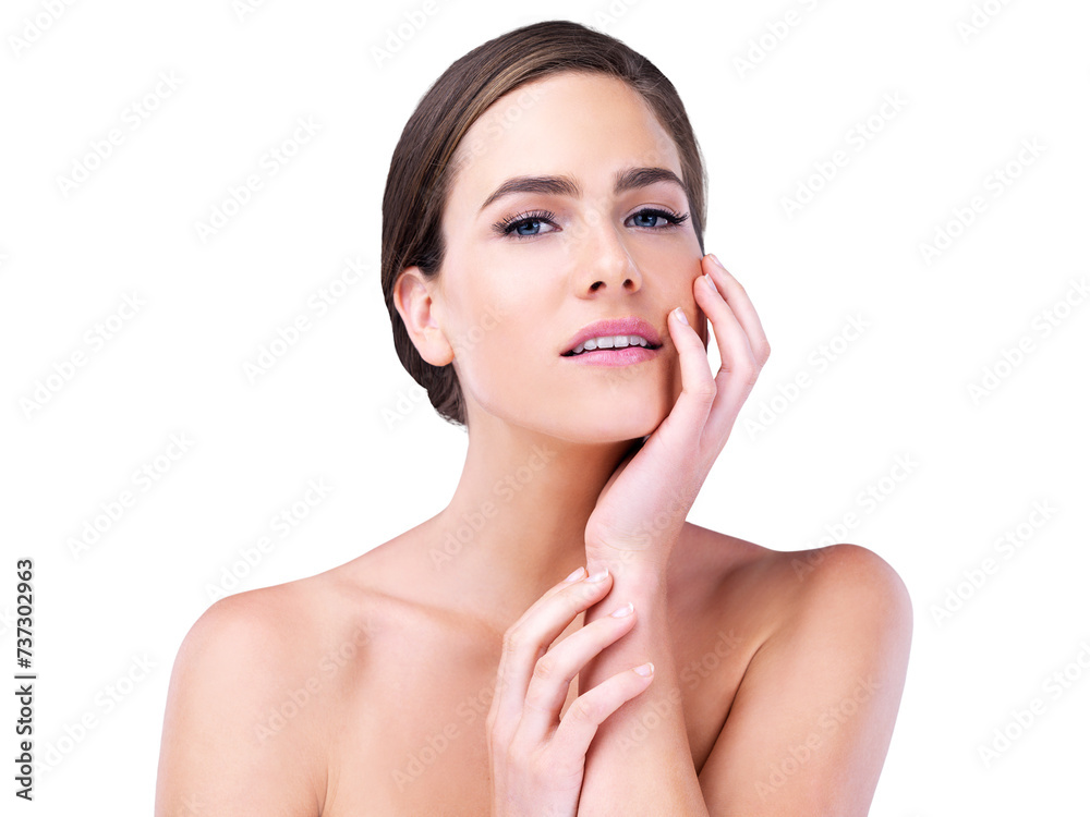 Skincare, health and portrait of woman with natural, beauty and wellness facial routine. Model, cosmetic and young female person with face dermatology treatment isolated by transparent png background Skincare, health and portrait of woman with natural, beauty and wellness facial routine. Model, cosmetic and young female person with face dermatology treatment isolated by transparent png background