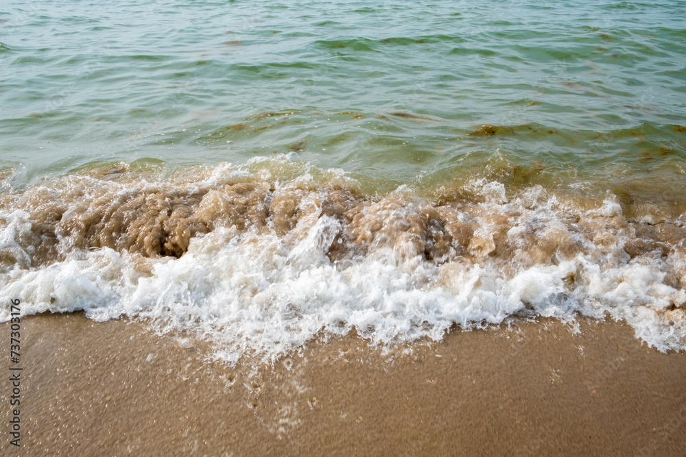 This dynamic image captures the moment a foamy wave crashes onto the sandy shore, displaying the power and movement of the ocean. The sea's greenish tint contrasts with the brown sand and the white This dynamic image captures the moment a foamy wave crashes onto the sandy shore, displaying the power and movement of the ocean. The sea's greenish tint contrasts with the brown sand and the white