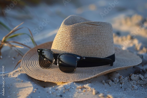 Straw hat and sunglasses on the beach sand.