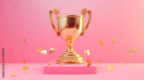 Golden champion trophy cup on pink background. Winning concept, copy space for text. Generative AI