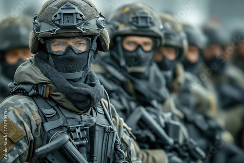 Group of soldiers wearing full gear and masks stand next to each other.