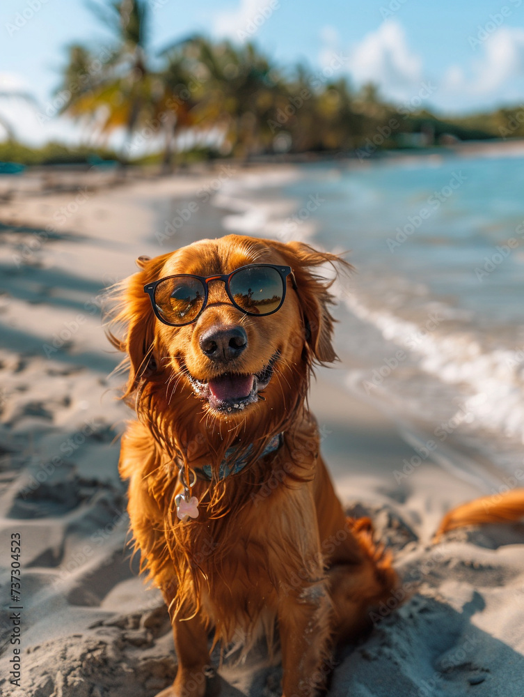 Picture a happy dog sporting a pair of cool sunglasses sitting on a sandy beach with the oceans azure waves gently lapping at the shore behind