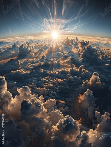 Picture a moment where the suns rays pierce through a patchwork of clouds from the perspective of space creating a radiant display of