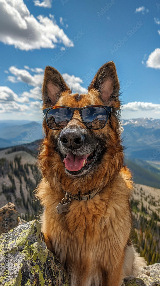 Visualize a spirited dog donning a pair of sunglasses perched on a mountain peak with a breathtaking panoramic view stretching out behind Visualize a spirited dog donning a pair of sunglasses perched on a mountain peak with a breathtaking panoramic view stretching out behind