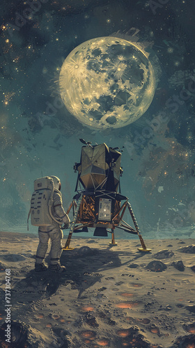 Visualize a scene at dawn on the moon where an astronaut standing beside their spaceship prepares for the journey back to Earth