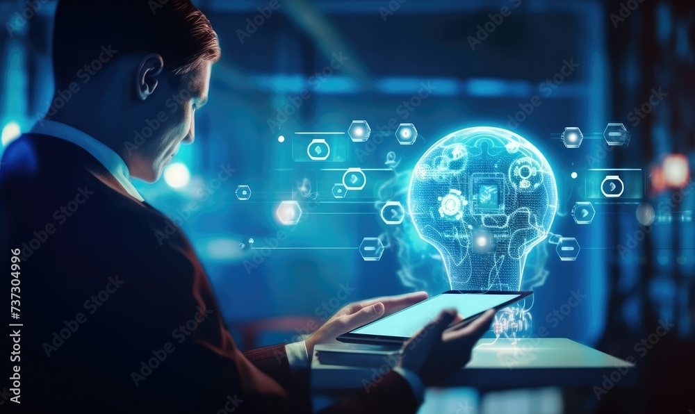 AI. Futuristic machine intelligence concept, interaction relationship of customer or person holding digital touchpad, person holding device with speech bubble and image. AI. Futuristic machine intelligence concept, interaction relationship of customer or person holding digital touchpad, person holding device with speech bubble and image.
