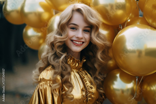A girl of eighteen years old with golden balloons and in dress for her birthday © o1559kip