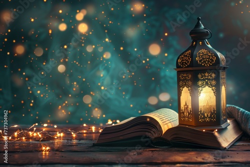 Eid Al Fitr background design of a realistic a lantern and a book on a table
