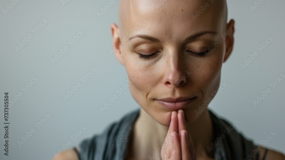 A close-up portrait of a peaceful bald woman with her eyes closed, hands together in a prayer or meditative pose, reflecting calmness and mindfulness A close-up portrait of a peaceful bald woman with her eyes closed, hands together in a prayer or meditative pose, reflecting calmness and mindfulness