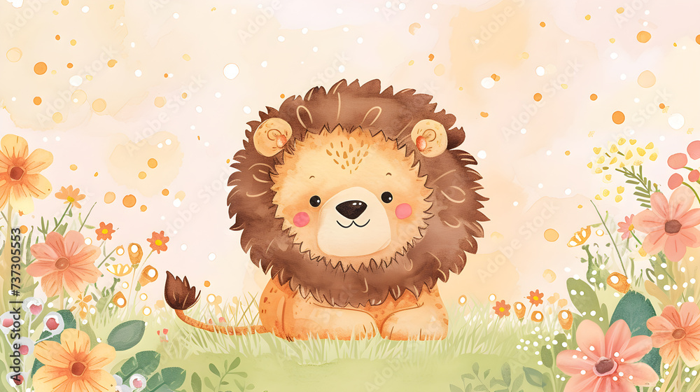 Cute cartoon lion lying happily in the grass on a pastel background. Cute cartoon lion lying happily in the grass on a pastel background.