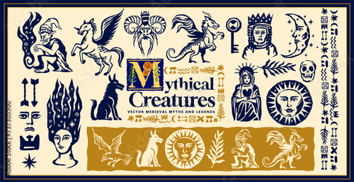 A collection of medieval linocut style engraved mythical creatures and legends. Vector illustration
