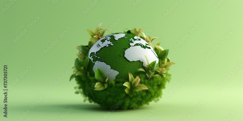 Minimalist 3D Earth Globe Render with Earth Day Environment Leaf on a Green Background Minimalist 3D Earth Globe Render with Earth Day Environment Leaf on a Green Background