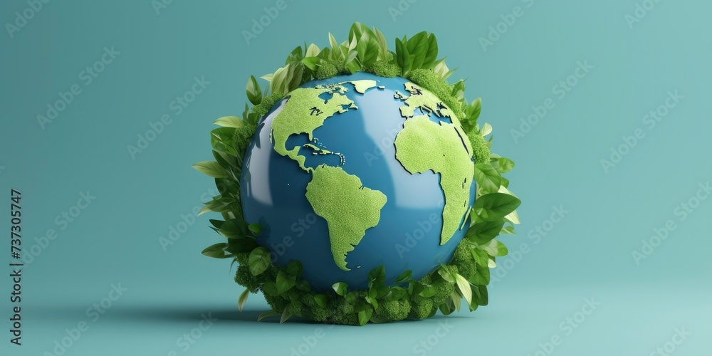 Minimalist 3D Earth Globe Render with Earth Day Environment Leaf on a Green Background Minimalist 3D Earth Globe Render with Earth Day Environment Leaf on a Green Background