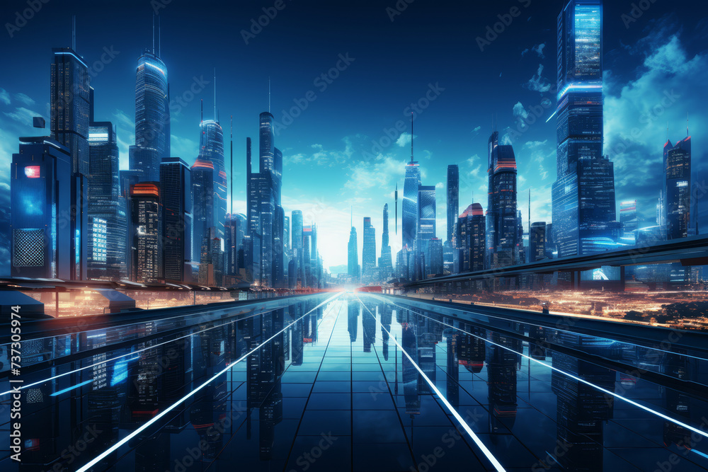 A solitary figure stands before a stunning futuristic cityscape with sharp reflections on glossy surfaces, under.