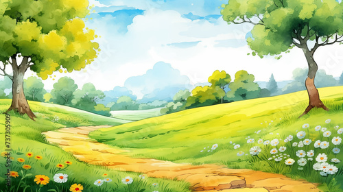Hand drawn cartoon spring meadow path scenery watercolor illustration
