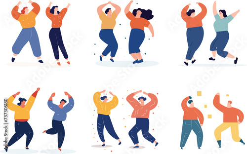 Group diverse people dancing, happy cartoon characters celebrating. Joyful dance movements festive mood vector illustration