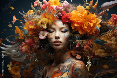 A breathtaking portrait of a woman with her face elegantly adorned with a vibrant and colorful array of flowers, exuding a surreal and natural beauty..