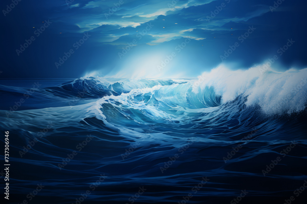 An artistic painting capturing the dynamic movement of ocean waves, rendered in vivid blue tones with frothy white crests, against a serene sky..