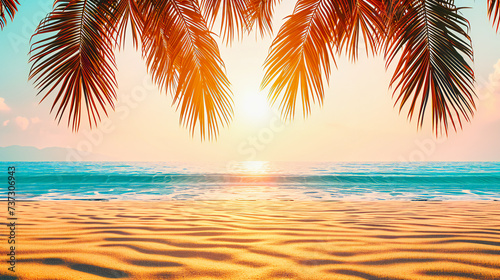 Tropical Sunset Paradise: A Silhouetted Palm Tree Against a Colorful Seascape, Symbolizing Serenity
