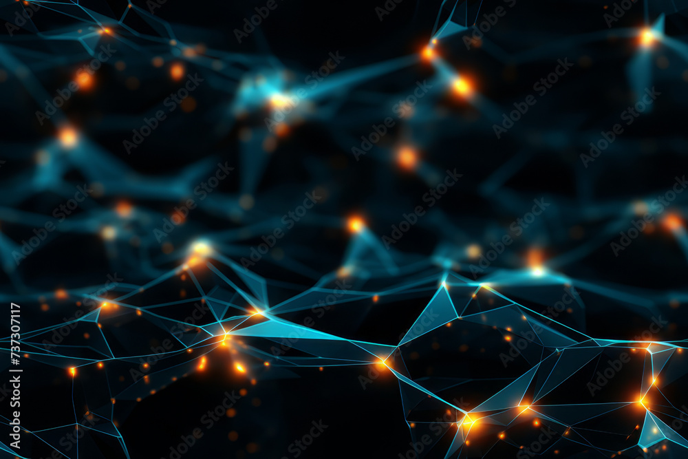 Obraz premium Digital visualization of an abstract neural network with interconnected lines and luminous nodes, representing complex data connections or artificial intelligence..