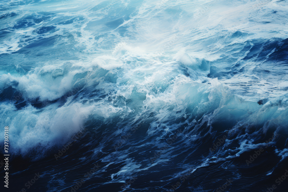 Fototapeta premium An artistic painting capturing the dynamic movement of ocean waves, rendered in vivid blue tones with frothy white crests, against a serene sky..