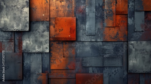 Metal Wall with Different Colors and Shapes - Organic Sculpting Dark Blue and Orange Multi Layered Mixed Media Background created with Generative AI Technology