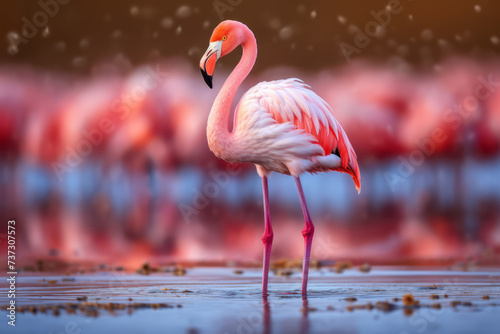 Group birds of pink african flamingos walking around the blue lagoon